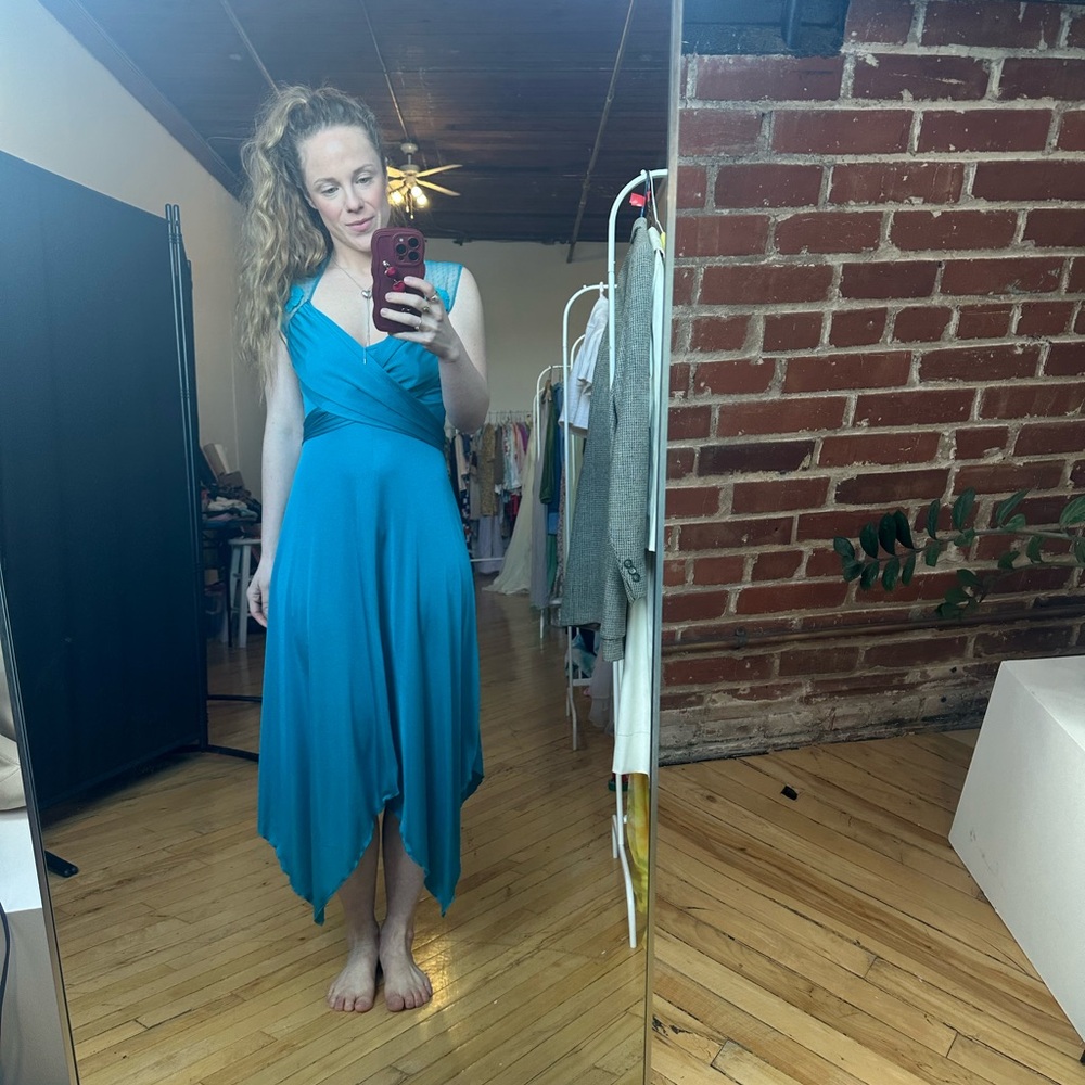 Vintage Teal Sleeveless Mesh Yoke Midi Dress
